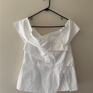 LOFT White Asymmetrical Ruffled Sailor Collar Blouse